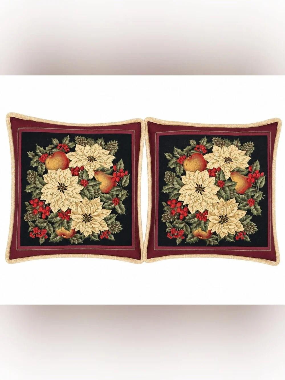 Vtg Christmas Poinsettia Pear Throw Pillows Burgundy Holiday Cottage Set Of Two